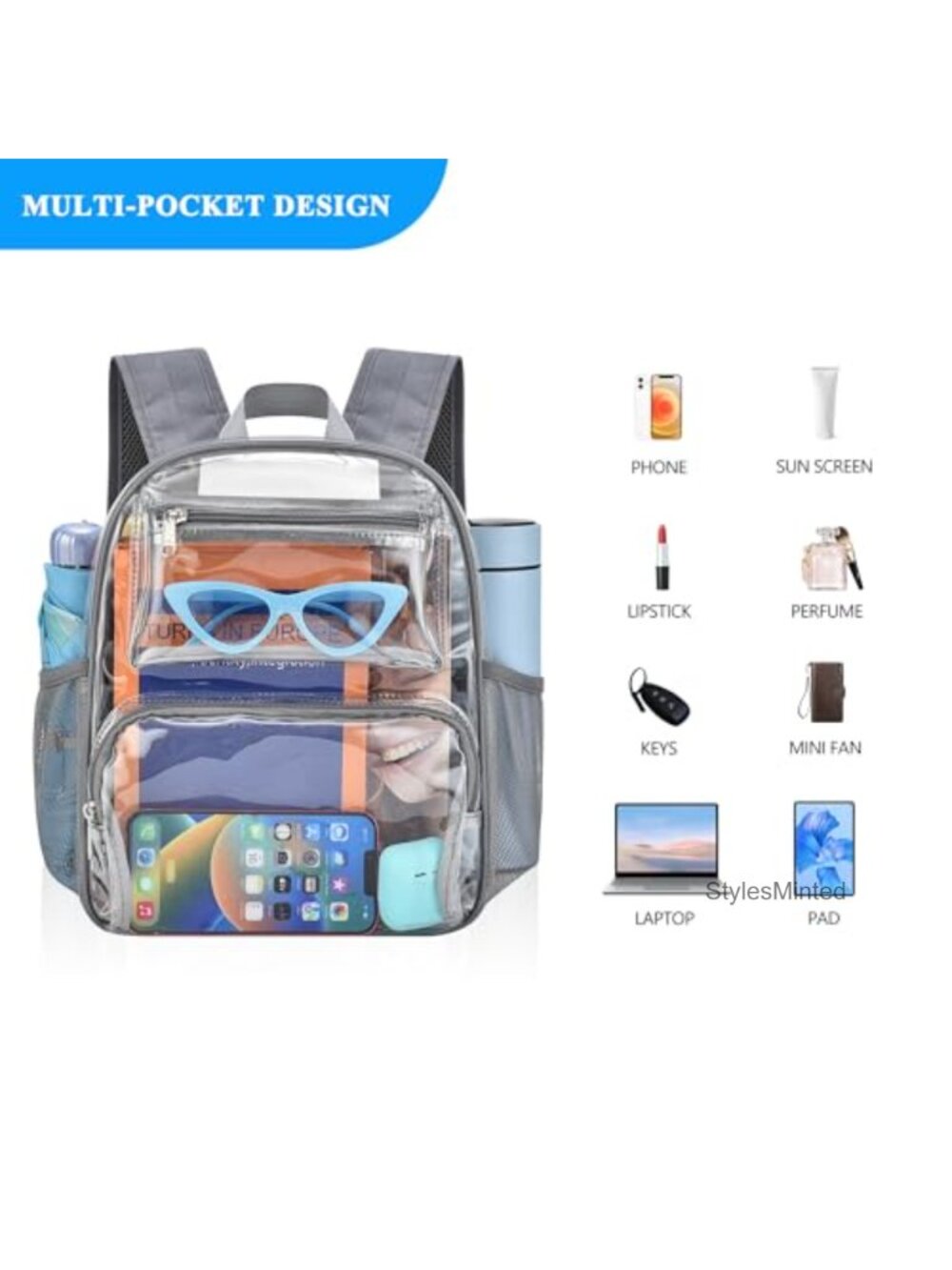 Clear Backpack Stadium Approved Water-Resistant PVC Daypack with Padded Strap - Picture 3 of 5